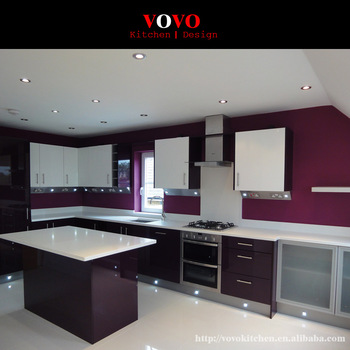 Pre Assembled Kitchen Cabinets In High Gloss Dark Purple Color .
