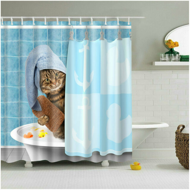 Shower Curtain Set Funny Kitten Cat Bathing Decor Bathroom .