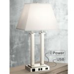 Modern Table Lamp with USB Brushed Steel Side Outlet for Bedroom .