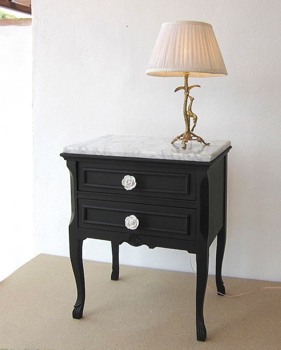 Vintage Marble Side Table, RESTORED; Black and white bedside table .