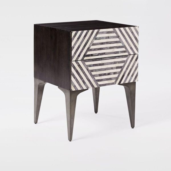 Bone Inlay Black & White Bedside Table Stripe Design - Bohemain .