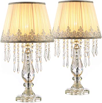 Moooni Two Set of White Ruched Fabric Crystal Table Lamp Crystal .