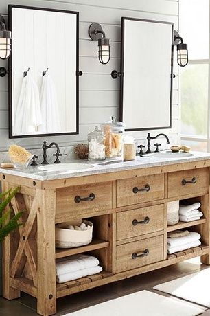 Rustic Master Bathroom with Complex Marble, Pottery barn .