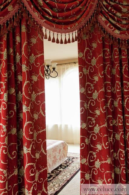 Louis XVI Royal Red" Elegant Designer Curtains with Valance, Swags .