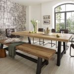 Distressed wood table & bench. Metal legs. Industrial modern .