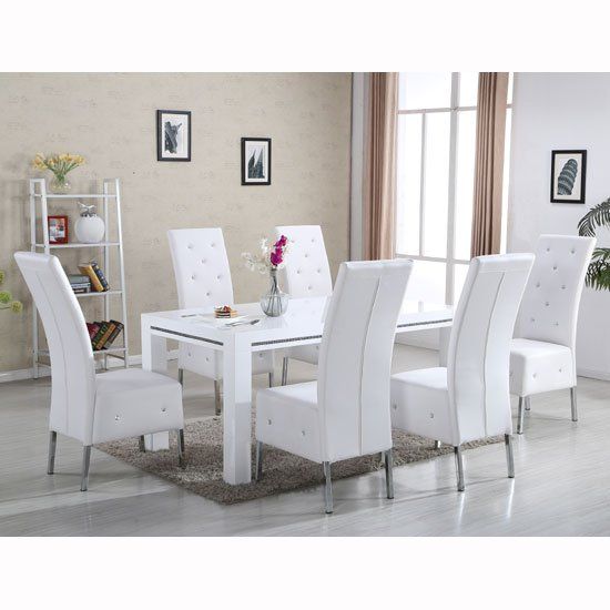Diamante Dining Table In White High Gloss With 6 Asam Chairs .