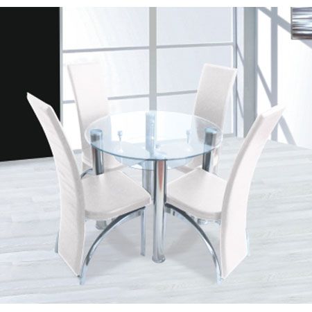 Compact Round Clear Glass Dining Set + 4 Dining Cream Chairs .
