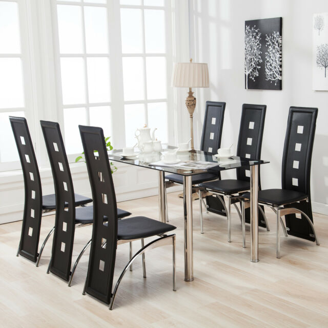 7Pcs Dining Table Set 6 Chairs Glass Metal Kitchen Room Furniture .