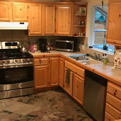 Knotty pine kitchen cabine