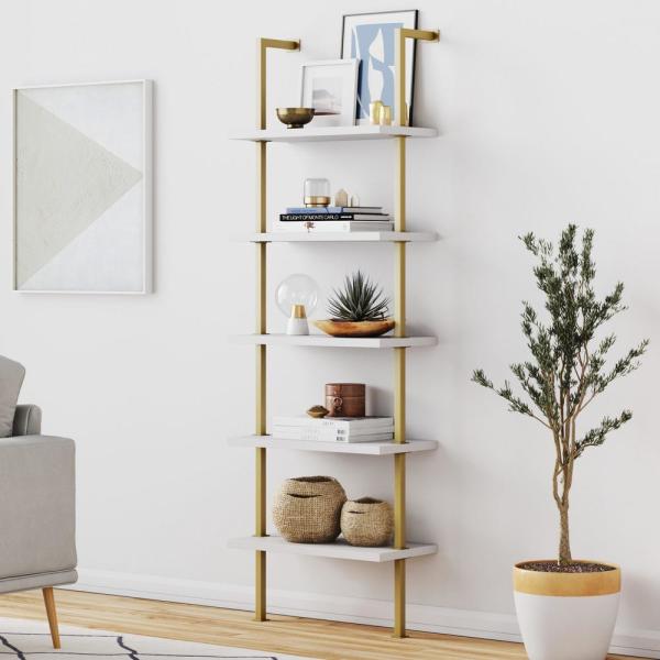 Nathan James 73 in. White/Gold Metal 5-shelf Ladder Bookcase with .