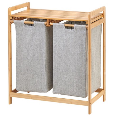 MDesign Bamboo Double Laundry Hamper, Large Capacity - Natural .