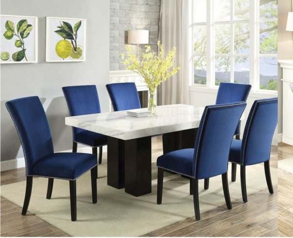 Cam White Marble Dining Room Set with 6 Blue Chairs | Nader's .