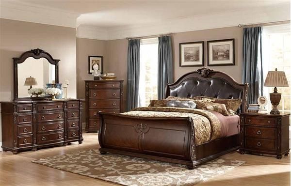 Hillcrest Manor Rich Cherry Wood Leather Master Bedroom Set (With .