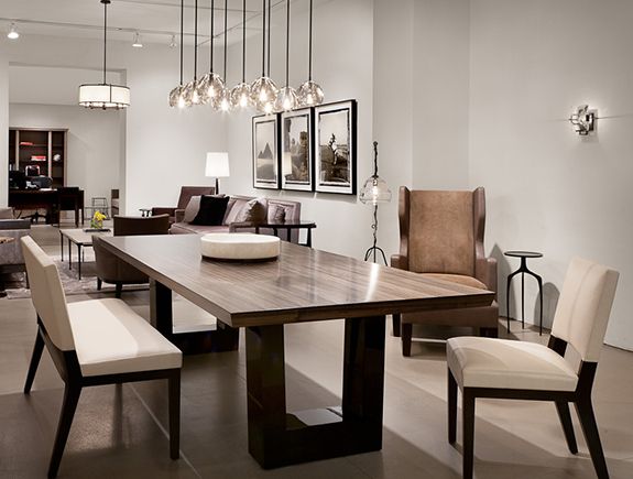 Contemporary dining room. Love the modern wood dining table, the .