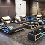 Modern living room furniture leather sofa set with LED lights .