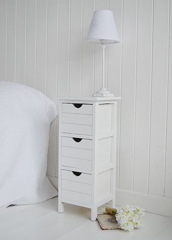 side view of Dorset narrow white bedside table | Narrow white .