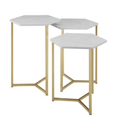 Triple Hex White Faux Marble & Gold Nesting Tables | Pier