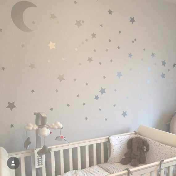 Large Moon & 21 Silver Stars Nursery Wall Decals Nursery Wall | Et