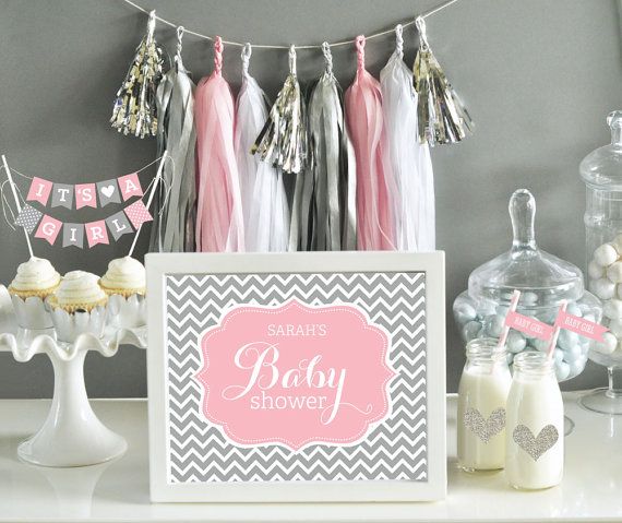 Pink and Grey Baby Shower Decor Sign in pink and gray chevron .