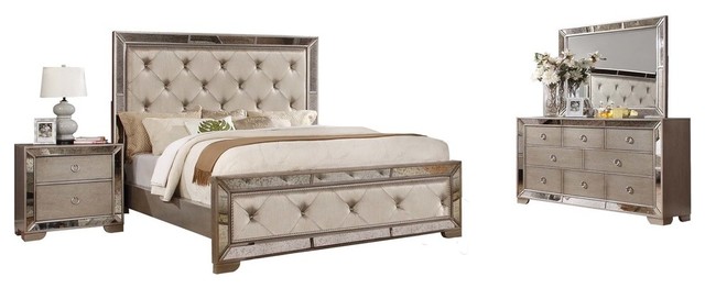 Ava Mirrored Silver Bronzed 5-Piece Bedroom Set - Transitional .