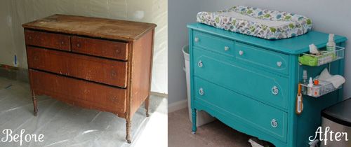 Old dresser to new changing table. Love the shower rack mounted on .