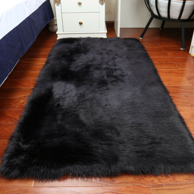 Large Black Faux Fur Area Rug Hairy Shaggy Rug Faux Sheepskin .