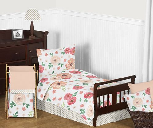 Peach and Green Shabby Chic Watercolor Floral Girl Toddler Bedding .