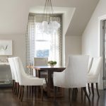 Coffee Stained Dining Table with White Upholstered Dining Chairs .