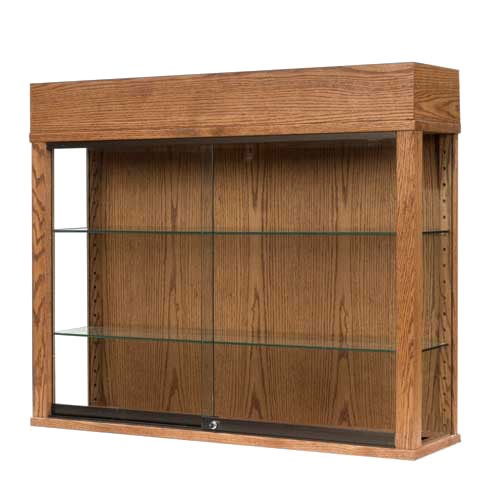 Wood Wall Mount Display Case w/ Lights And Adjustable Shelves .