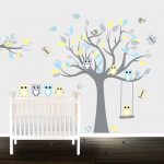 Boys Grey yellow owl wall decals, nursery Wall stickers, Nursery .