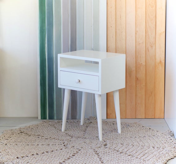 Oak white Bedside Table with drawer Mid Century Modern | Et