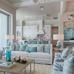 Coffered ceiling White and aqua teal , fresh, white living room .