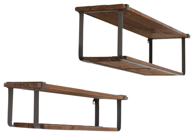 2-Piece Recycled Wood and Metal Shelves Set - Industrial - Display .