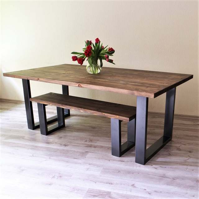 Wooden dining table and bench set dining room decoration wood .