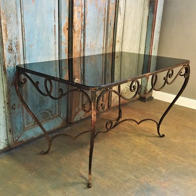 Vintage Art Deco French Colored Glass and Wrought Iron Dining .