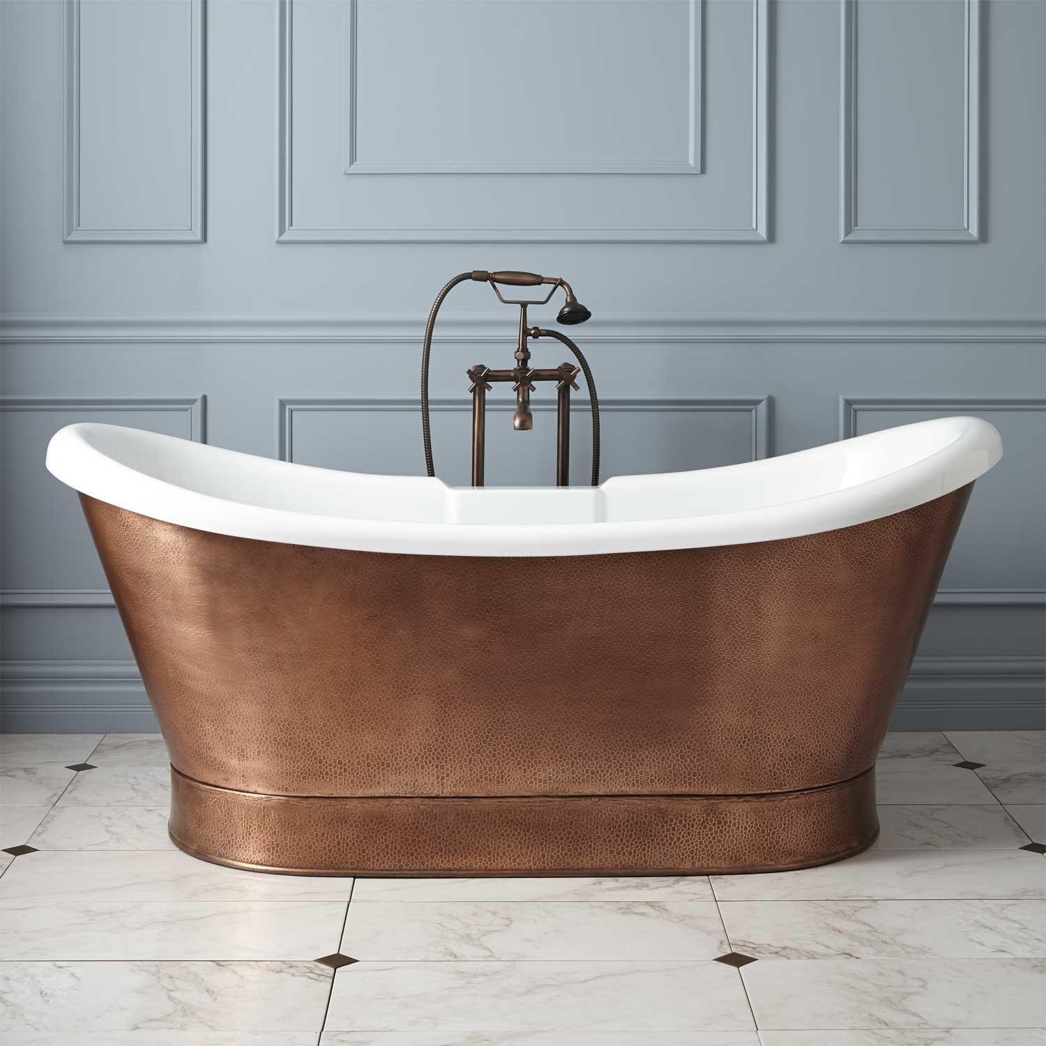 freestanding tub made of hammered copper