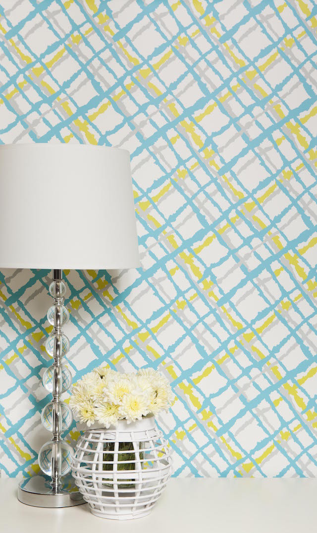 turquoise lime gray watercolor plaid print wallpaper