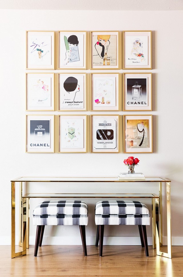 Gingham Ottoman Gold Console Table Gold Framed Gallery Wall