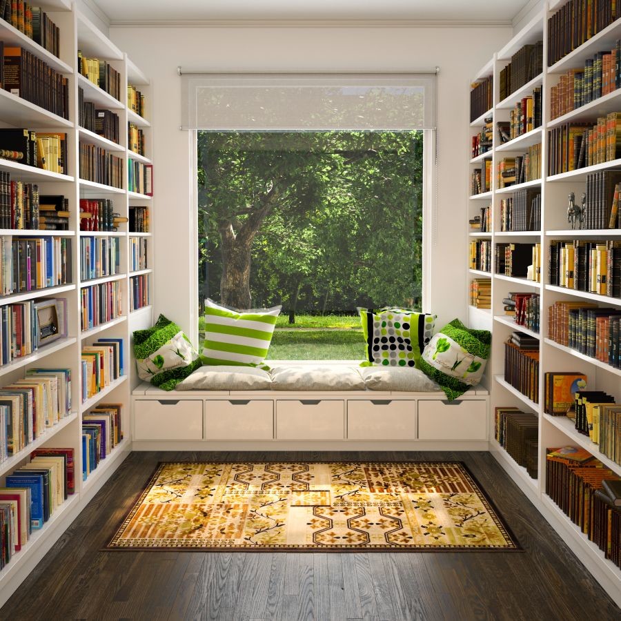 Home Library window seat reading nook