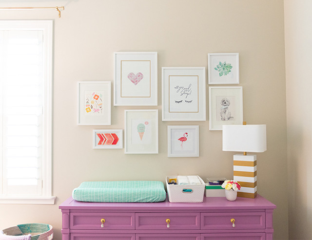 Nursery gallery wall purple dresser