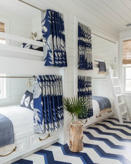 blue and white patterned bedroom