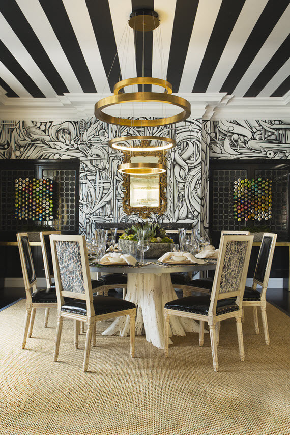 black and white striped dining room ceiling