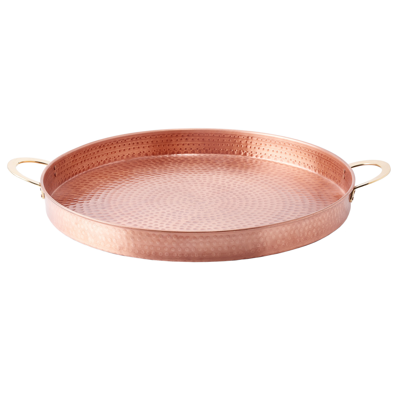 Round sheet made of hammered copper with handles