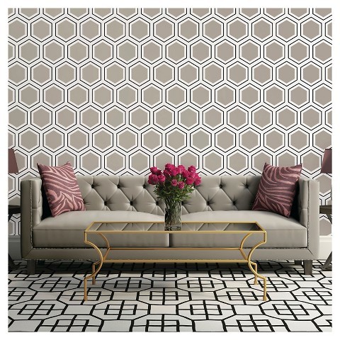 silver wallpaper with white and black beehive print