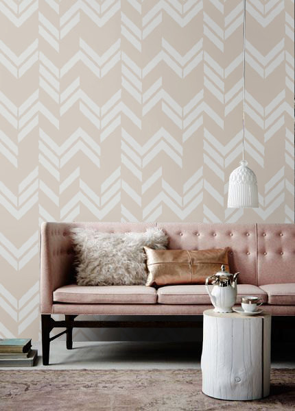 Wallpaper with a white and beige herringbone pattern