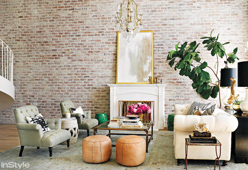 white washed brick wall living room