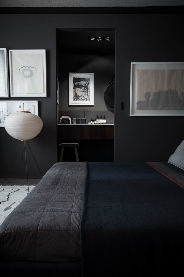 all black bedding and walls bedroom design