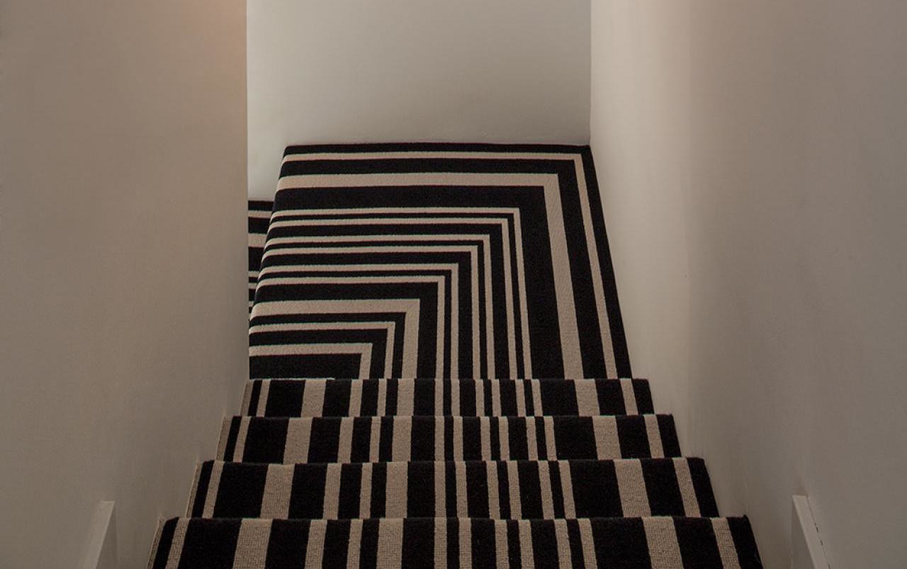 Black and white striped stair runner