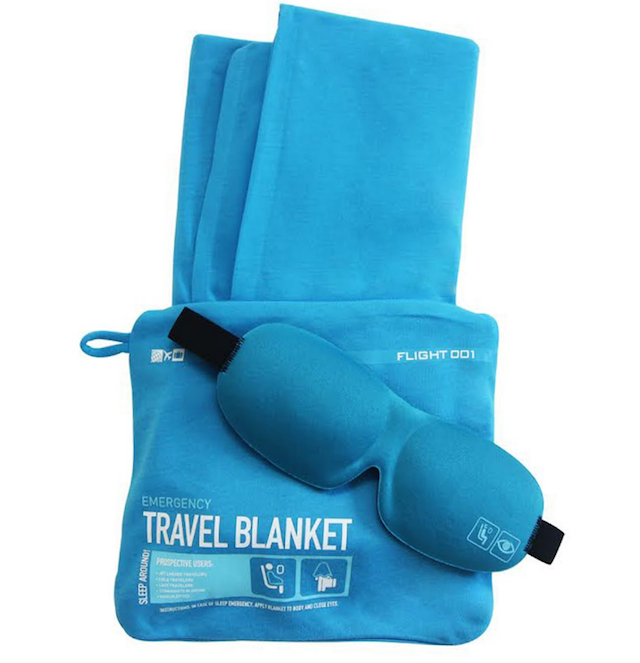 blue travel blanket eye mask zip pocket