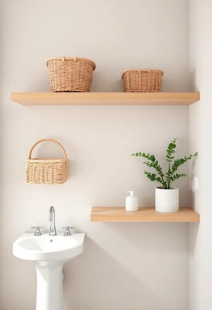 Incorporating decorative Baskets on Floating Shelves for Storage